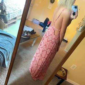 Red and white patterned open back maxi dress
